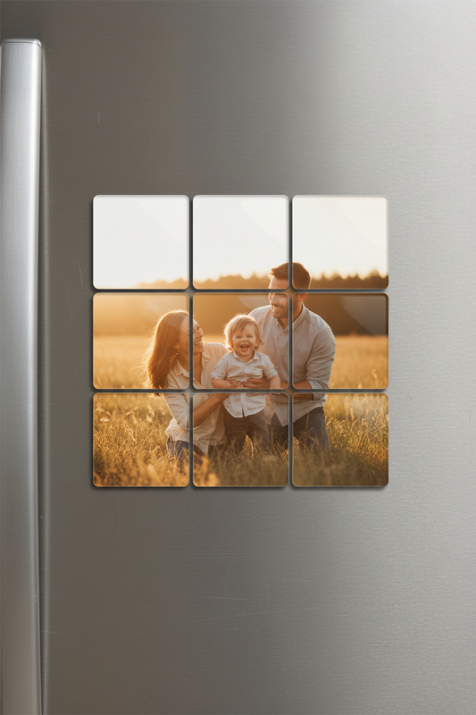 9-piece photo puzzle magnet set on a fridge displaying a family portrait in golden hour light