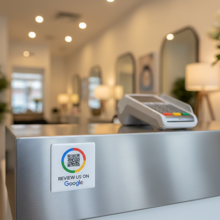 QR magnet on metal surface at beauty salon