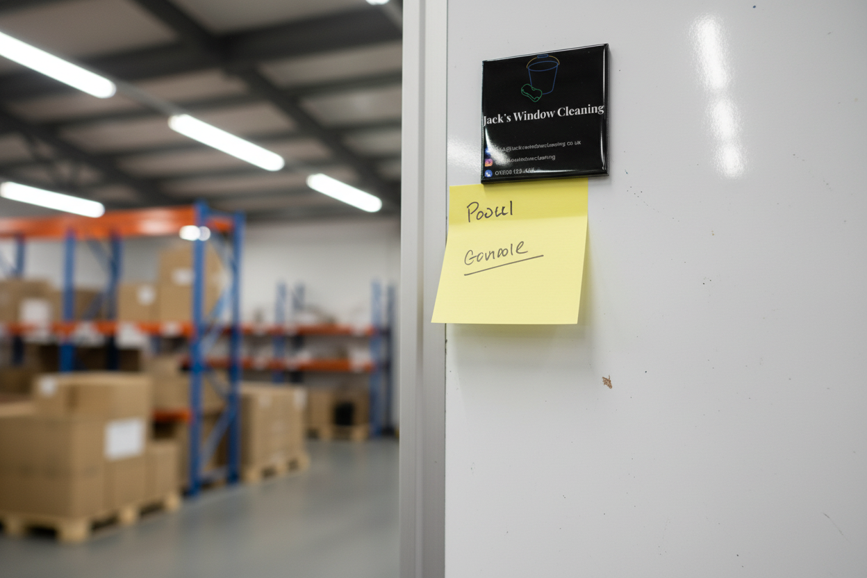 Jack's Window Cleaning magnet overlapping post-it on warehouse board
