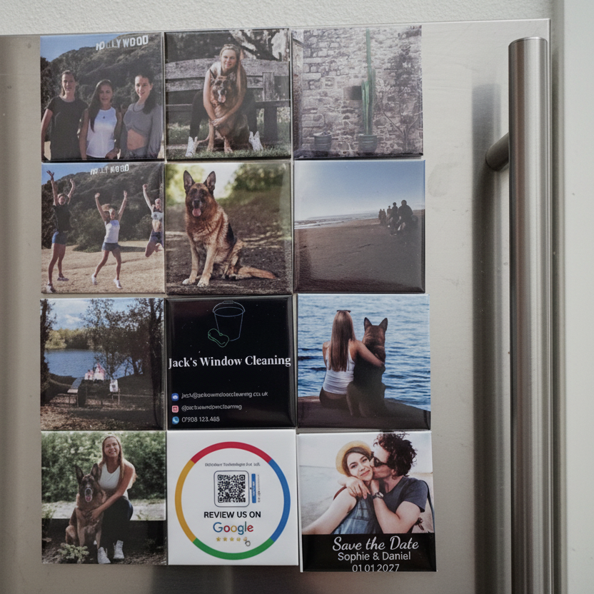 Large magnets close-up on stainless steel fridge