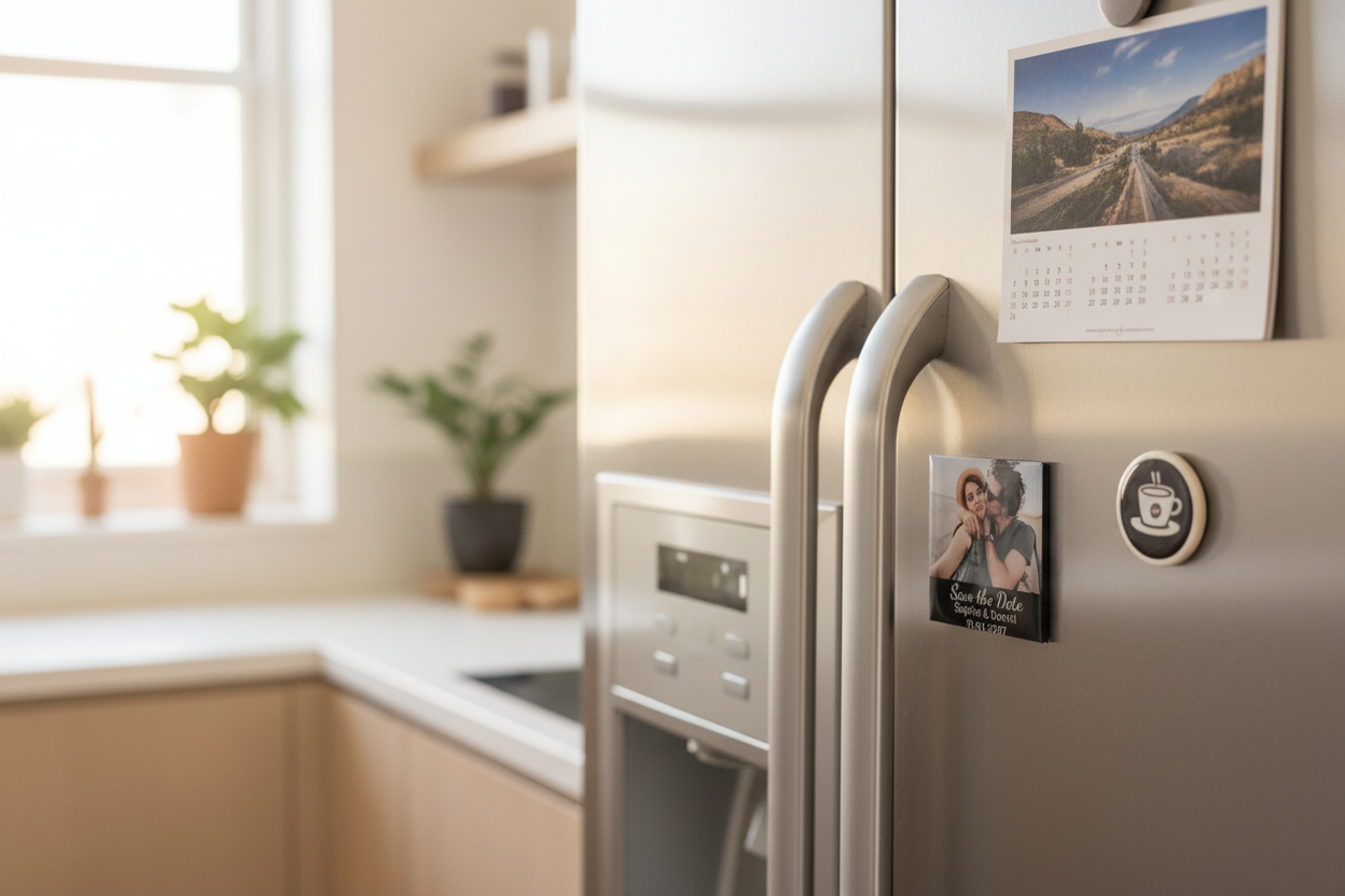 Save the Date magnet on fridge in home kitchen